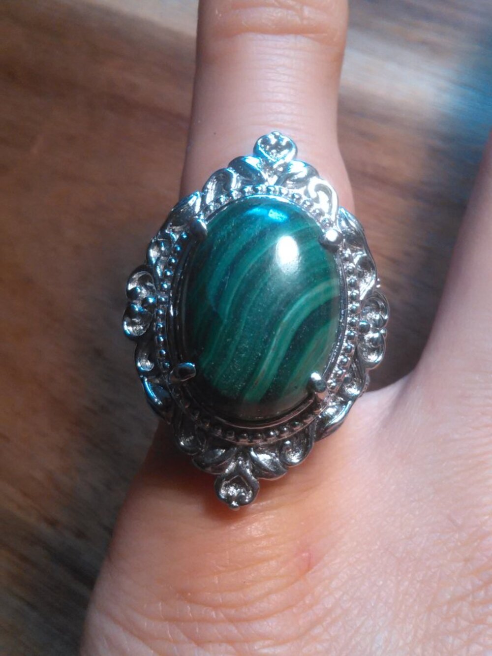 African Malachite Stainless Steel Solitaire Ring (Size 5)